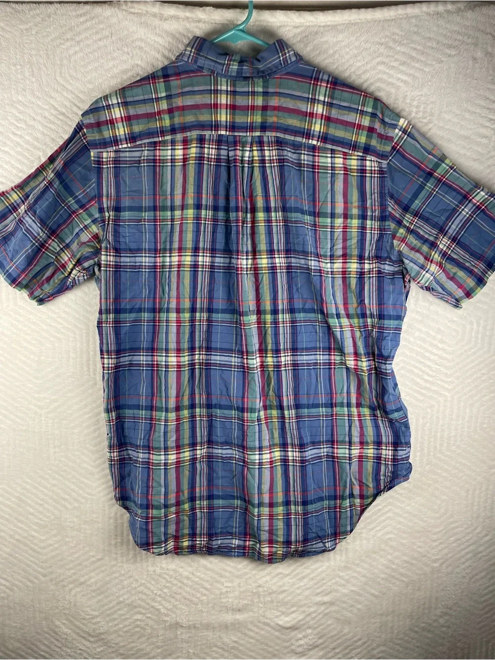 Ralph Lauren Blue Plaid Short-Sleeve Button-Down Shirt with Pink Logo